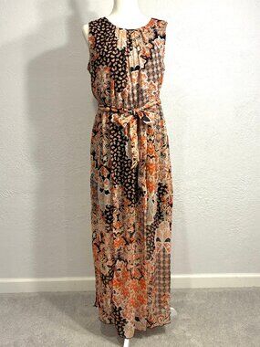 Sleeveless Maxi Dress, Size 14, Paisley Print, Lined, Enfocus Studio, Fabric Tie